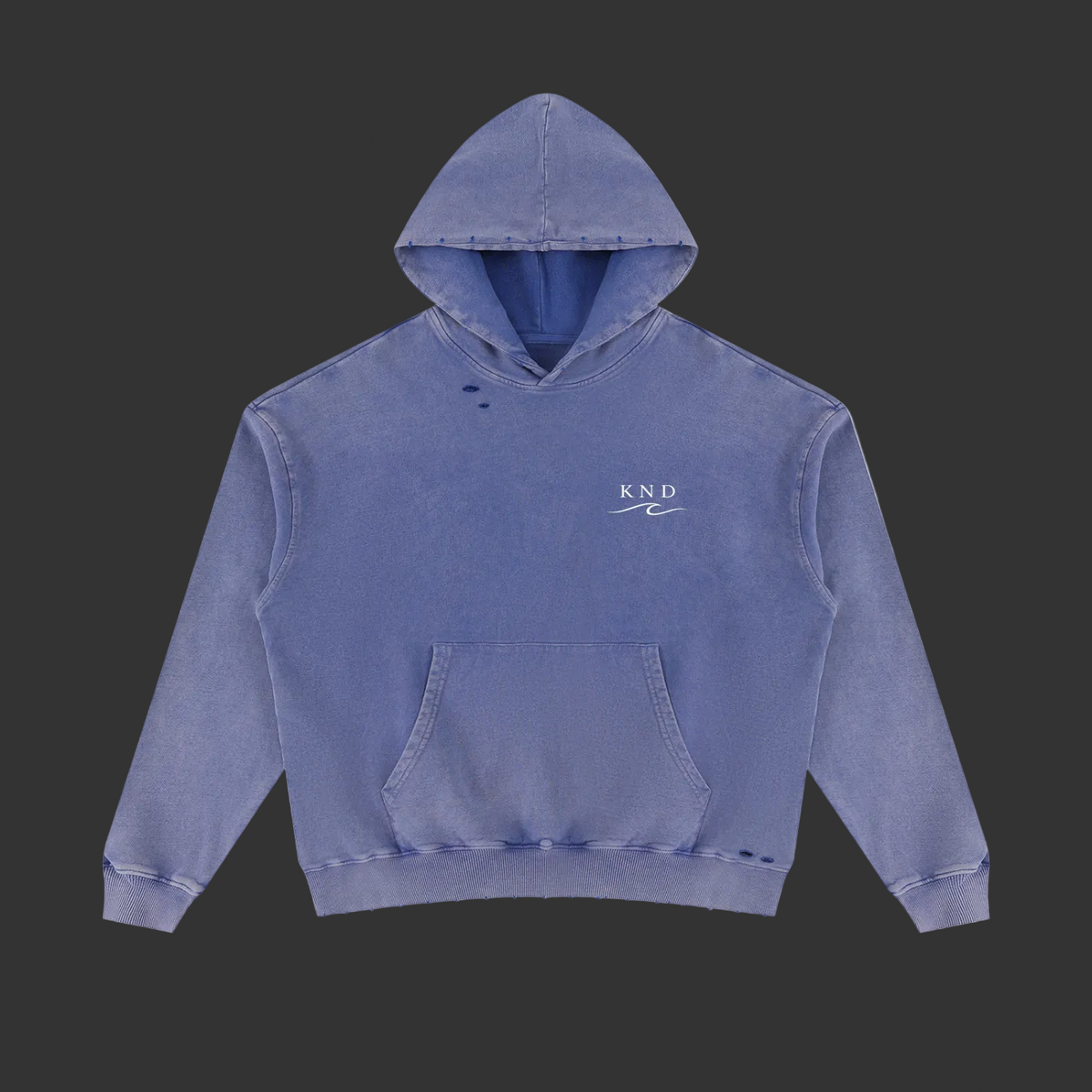 KND Hoodies & Knits — mineral wash distressed oversized hoodie in heavyweight 400 gsm cotton with an embroidered KND wave chest mark, front view.
