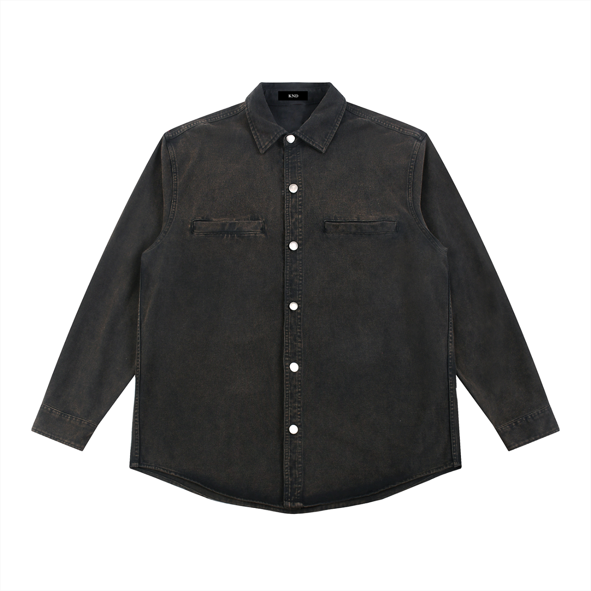 KND Outerwear — vintage-washed heavyweight denim jacket in black, front view.