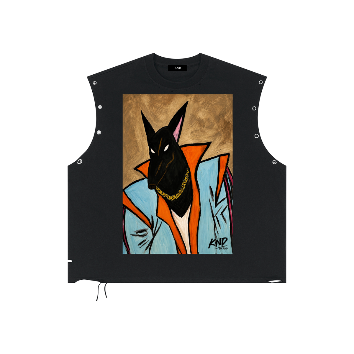 KND Limited Edition — Anubis tank in black, front print of Anna's original hand-drawn Anubis artwork, on vintage-washed heavyweight cotton.
