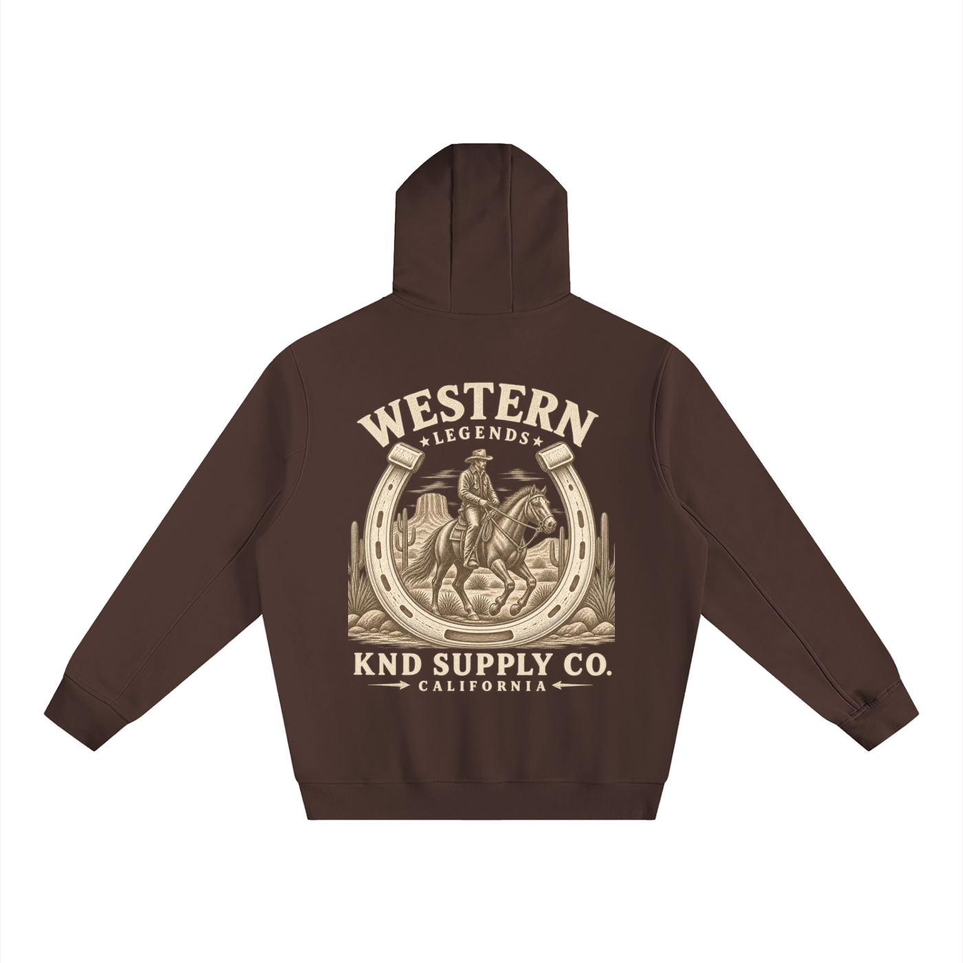 Western Legends Hoodie back print — horseshoe frame, rider on horseback, desert cactus scene, KND Supply Co. California