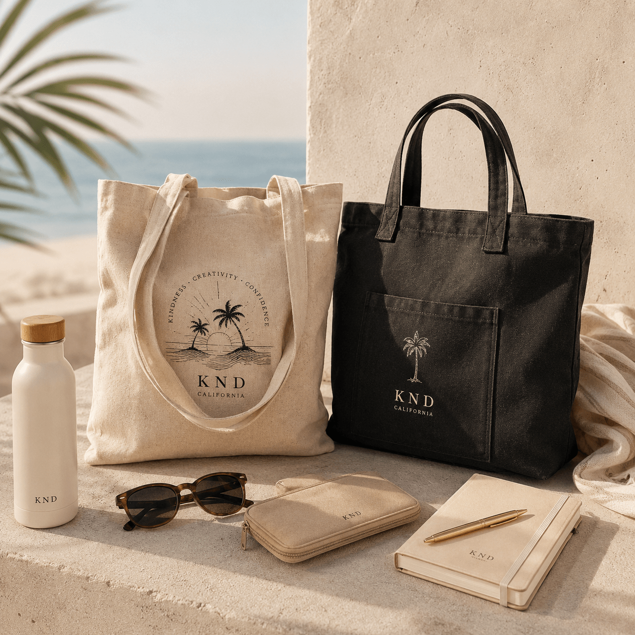 KND Bags & Accessories collection — reusable cotton and heavyweight canvas tote bags for beach days, markets and everyday carry.