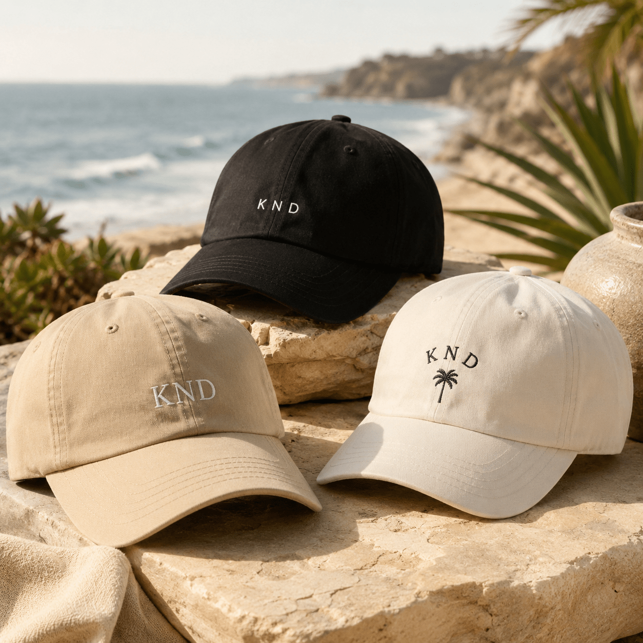 KND Hats & Caps collection — embroidered cotton, corduroy, washed and quick-dry caps in California coastal colors.