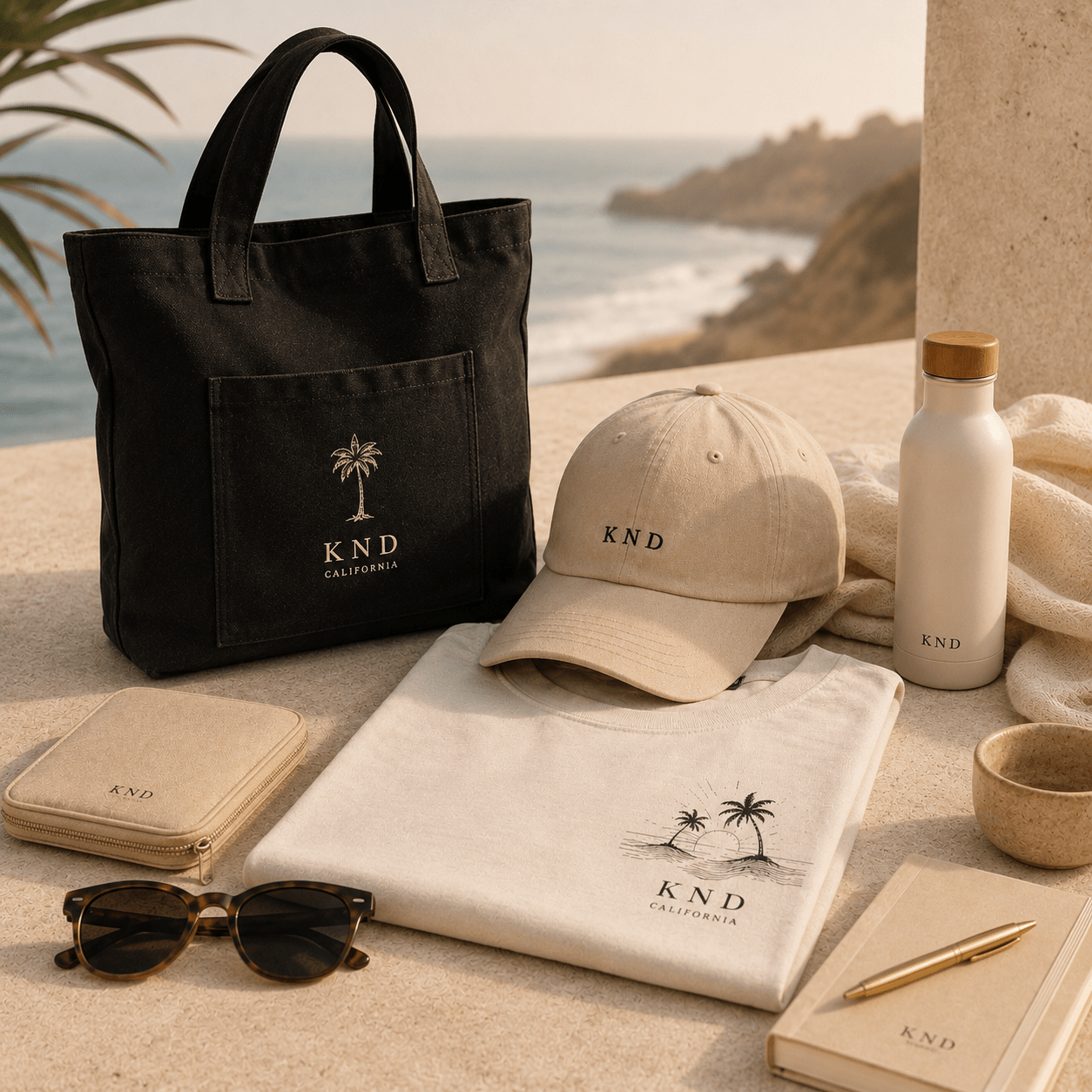 KND New Arrivals collection with California-inspired T-shirts, hats, and accessories in a coastal lifestyle flat lay.