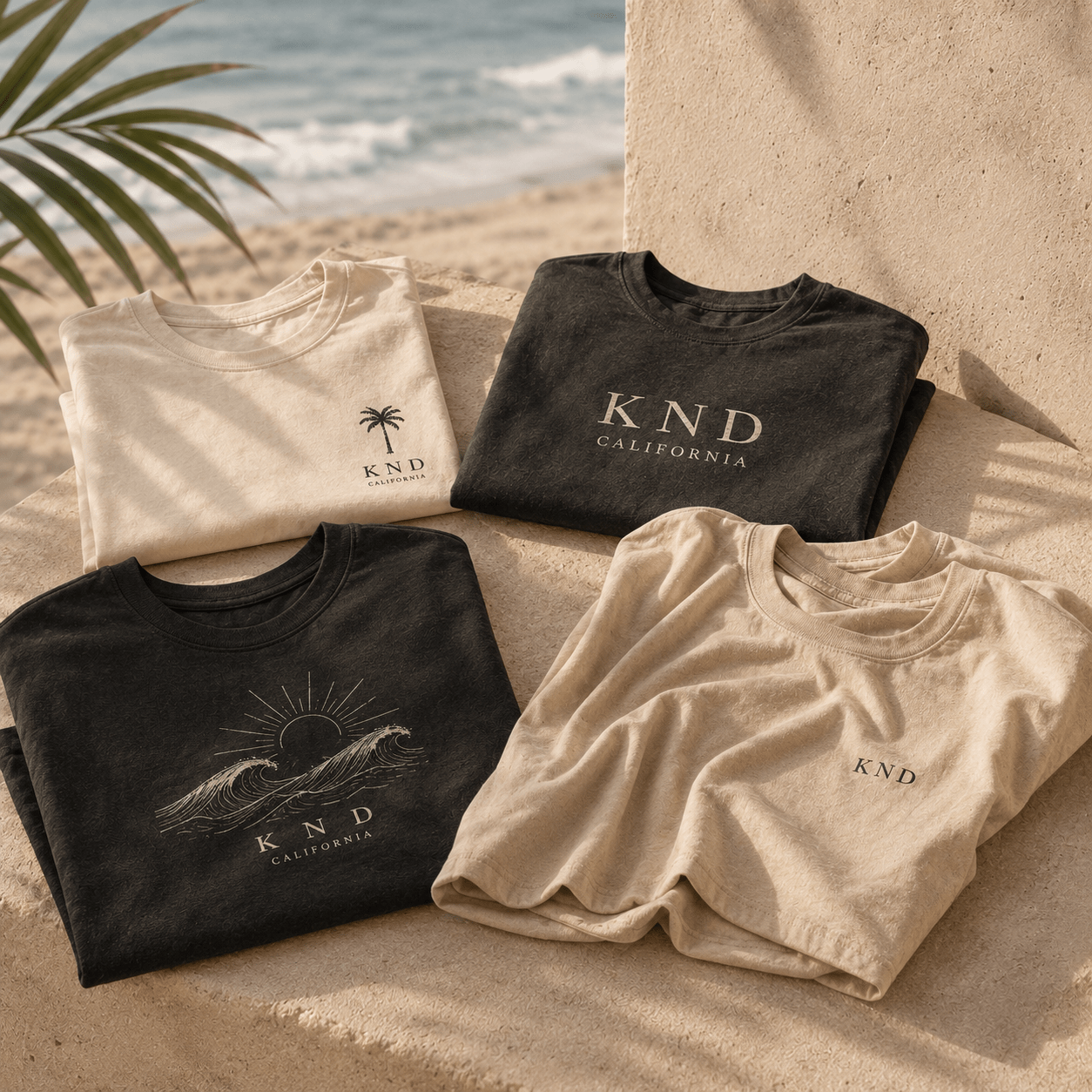 KND T-Shirts collection — California surf and sunset graphic tees on garment-dyed heavyweight cotton, relaxed unisex fits.