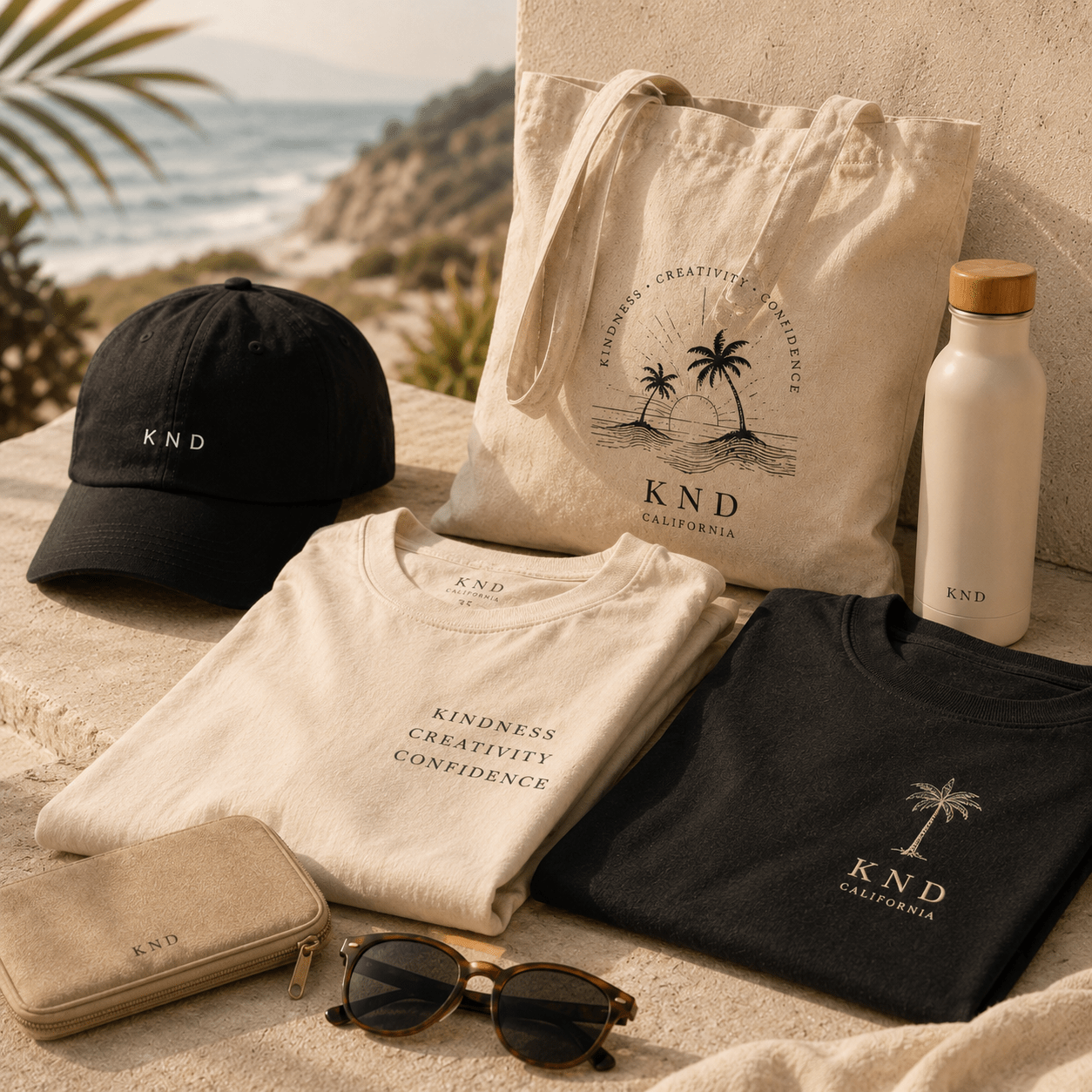 KND Shop All collection with California-inspired T-shirts, hats, tote bags, and accessories in a coastal flat lay.