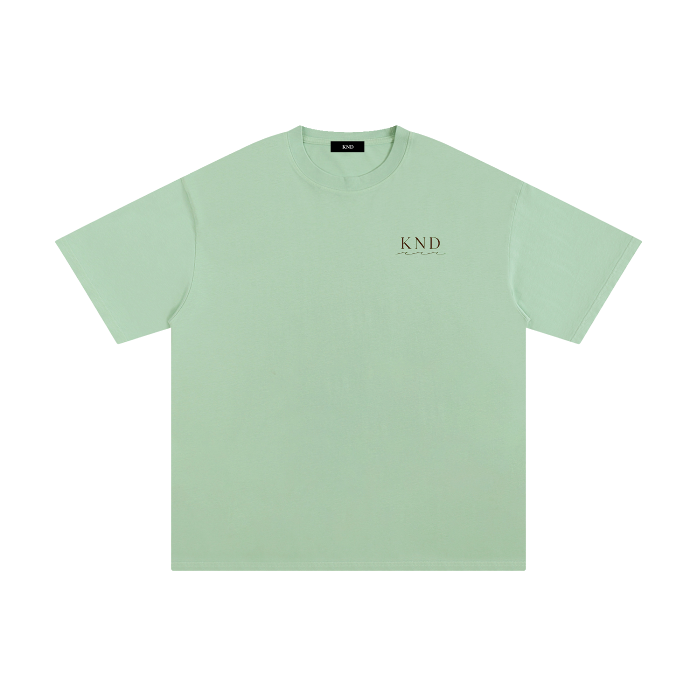 Light green KND Brand oversized drop shoulder tee, front view with small KND wave logo at left chest