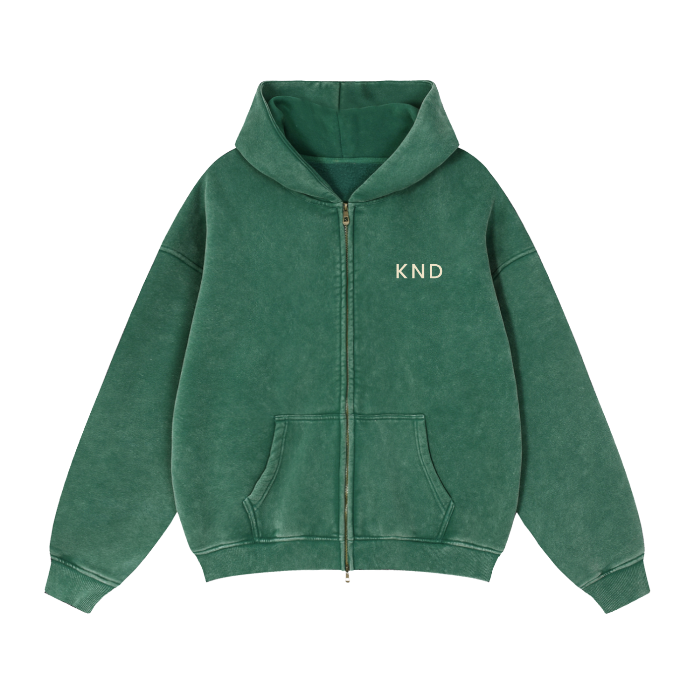 KND Brand boxy zip-through hoodie in washed royal blue with ivory chest mark, front view