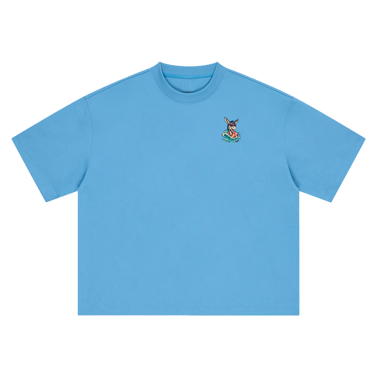 Surf Donkey Tee, Sky Blue — front view with the small surf-donkey mark on the left chest