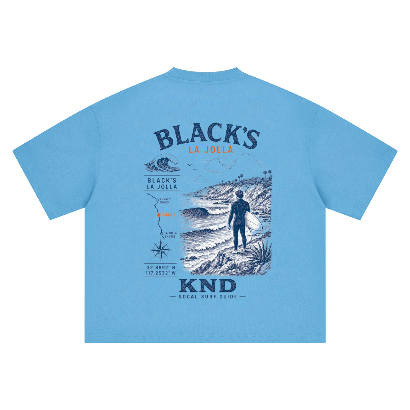 Black's Beach Surf Tee, Sky Blue — back print, vintage engraved Black's break at La Jolla with coordinates