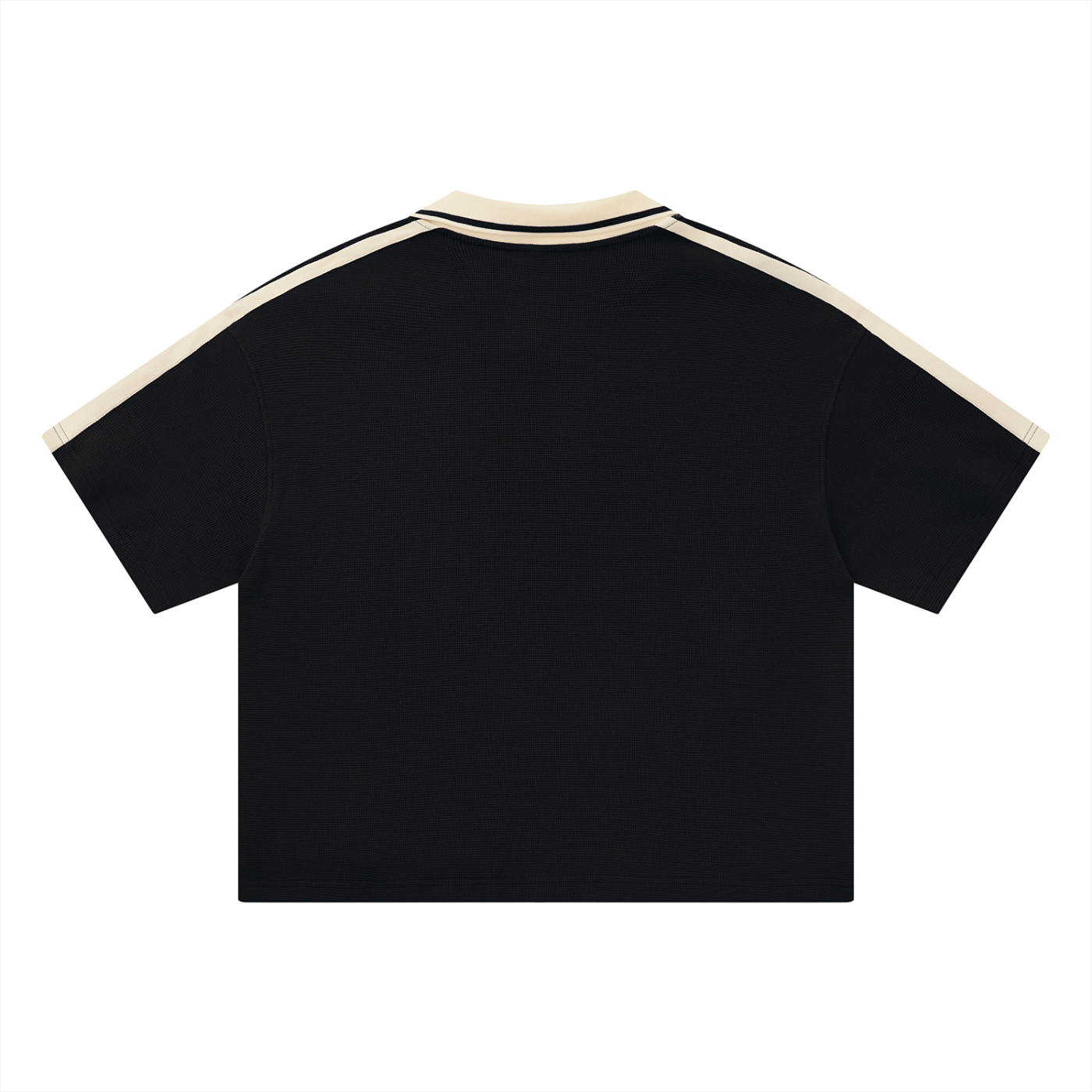 KND Brand Color Block Polo Jersey in black, back view showing ivory shoulder stripes and drop shoulder cut