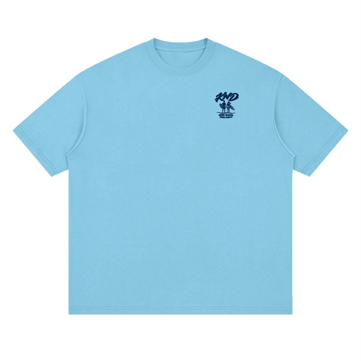 Good Waves, Good People Tee, Medium Blue — front view with a small graphic of two surfers standing side by side at the waterline with their boards on the left chest
