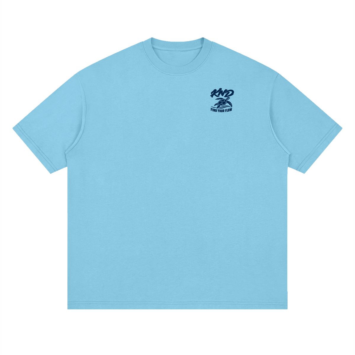 Find Your Flow Tee, Medium Blue — front view with a small graphic of a sea turtle riding a swirl of wave on the left chest