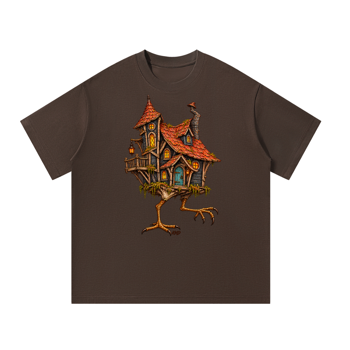 Baba Yaga Lantern Tee, Coffee — front view with a full-colour print of Baba Yaga's crooked hut on bird legs, red-tiled roof and a lantern on the balcony