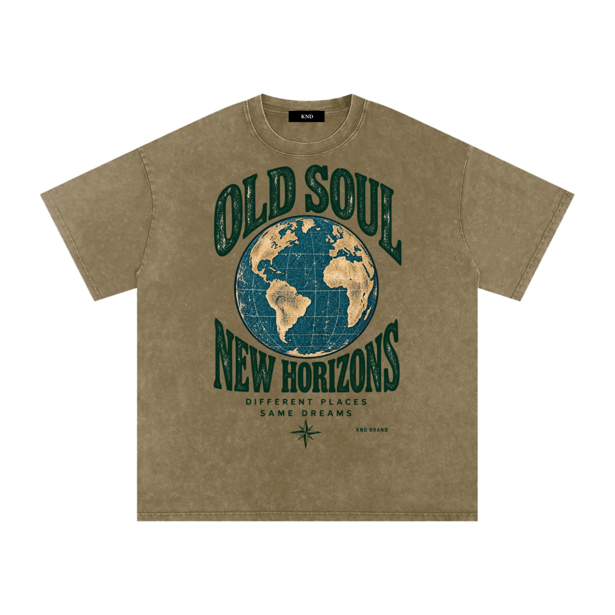 Old Soul New Horizons Washed Tee, Gray Green — front print, vintage globe and compass rose graphic