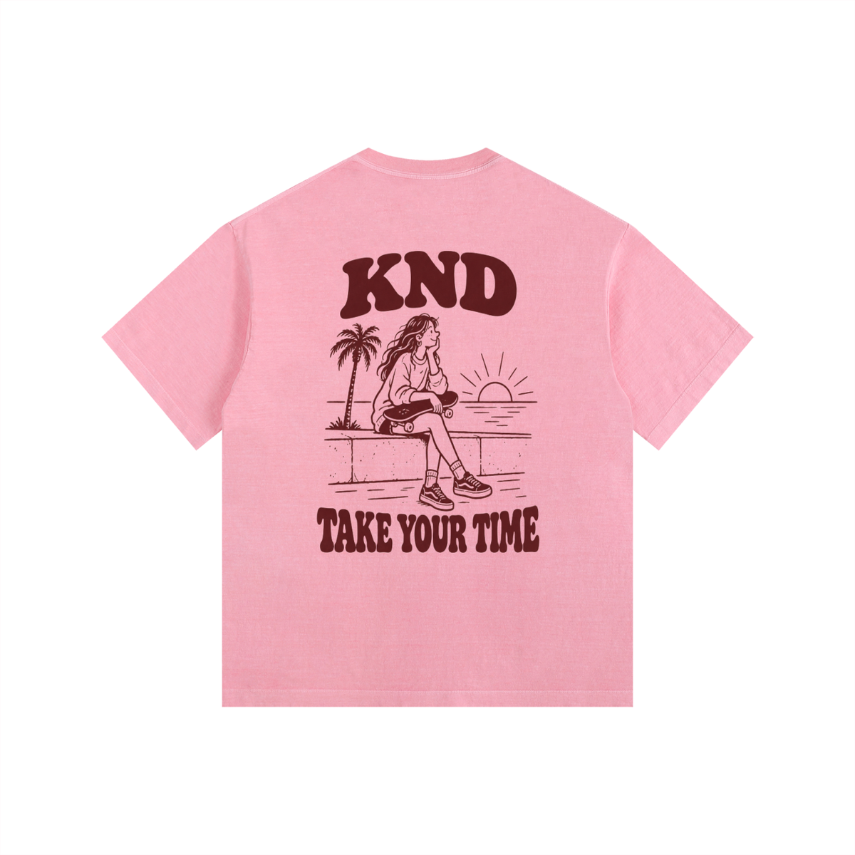 Take Your Time Washed Tee, Pink — back print, skater girl on a seawall at sunset with a palm, Take Your Time lettering
