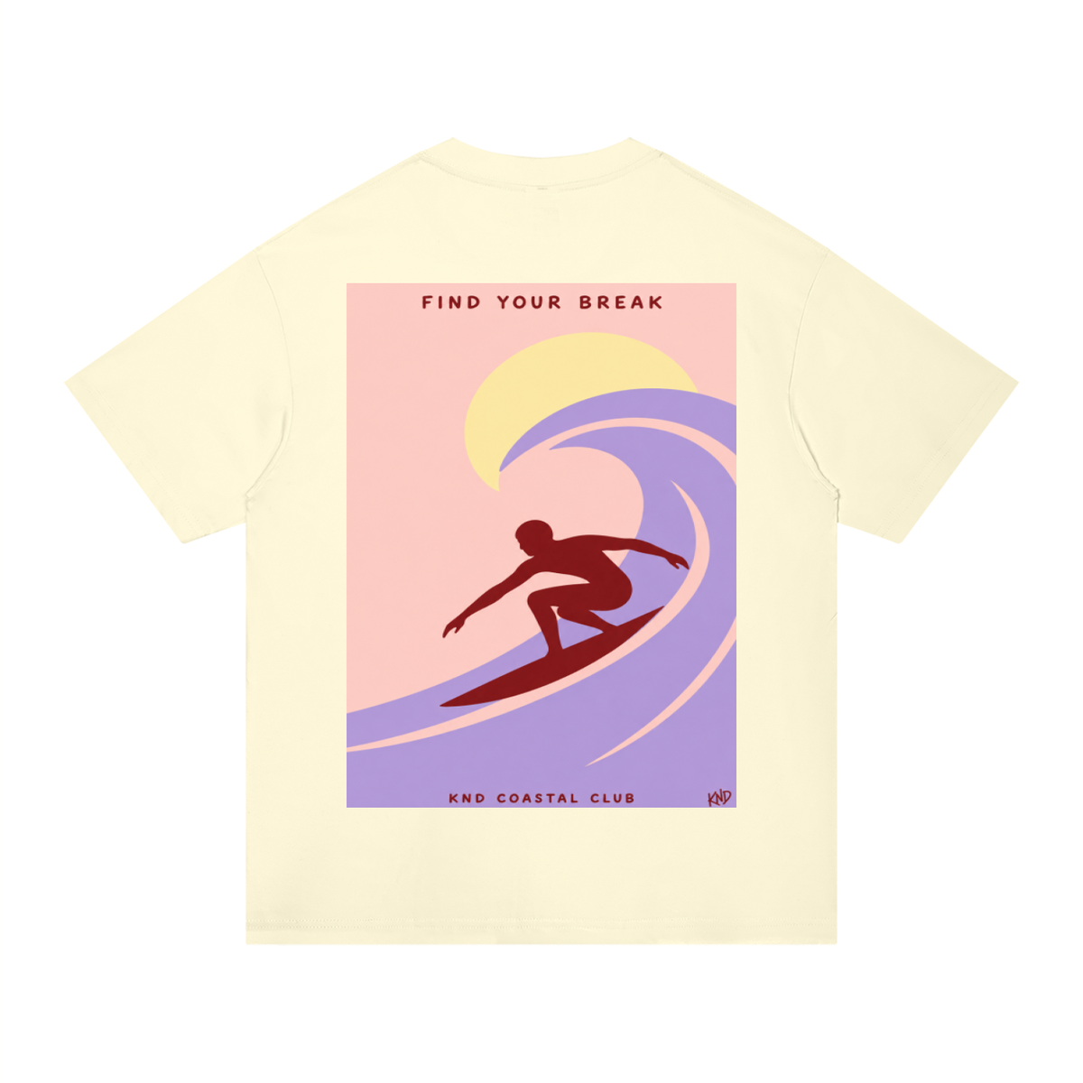 Find Your Break Tee, Light Apricot — back print, pastel surf poster with a rider in the curl of a lilac wave and KND Coastal Club lettering