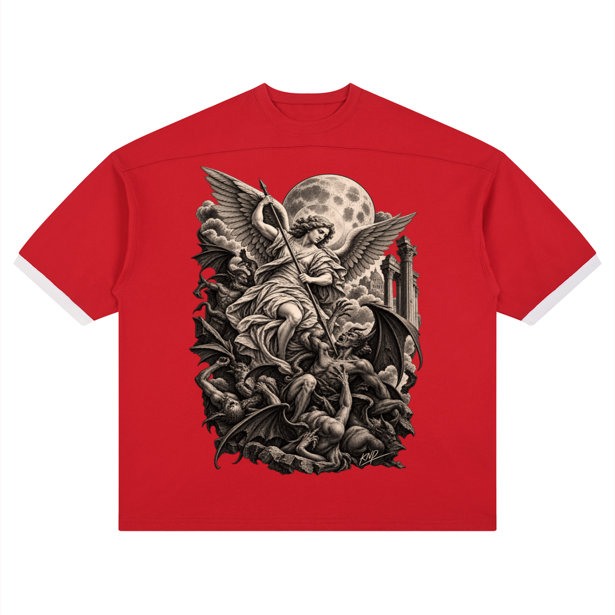 Archangel Color Block Tee, Red — front print, archangel with a spear standing over fallen figures beneath a full moon and ruined temple