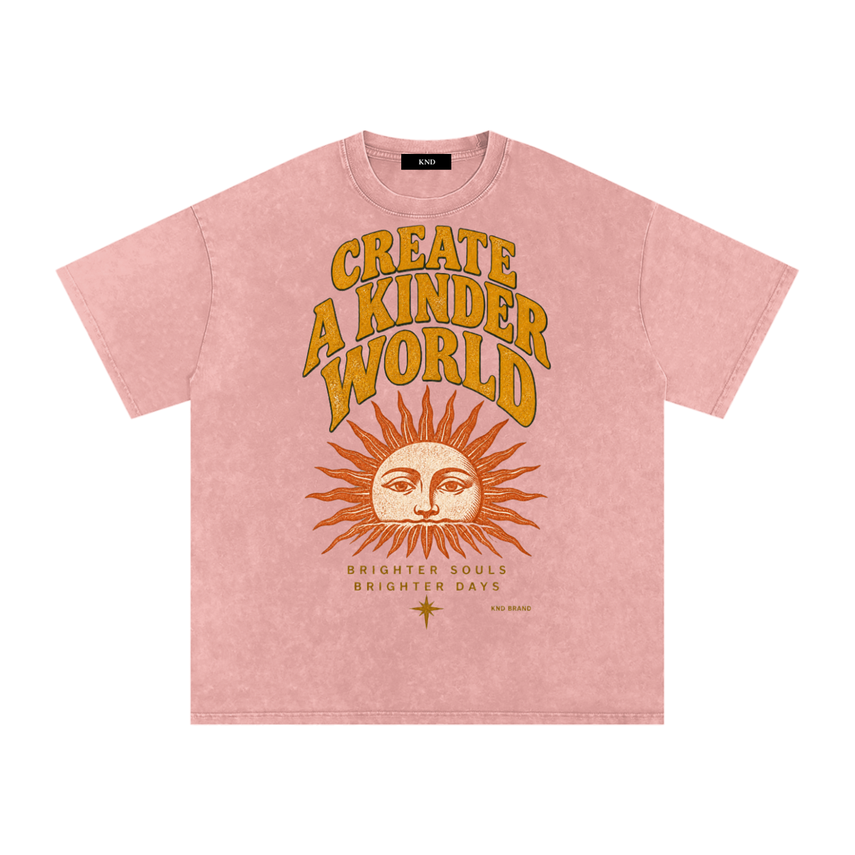 Create A Kinder World Washed Tee, Light Pink — front print, vintage sun-face graphic with Brighter Souls, Brighter Days