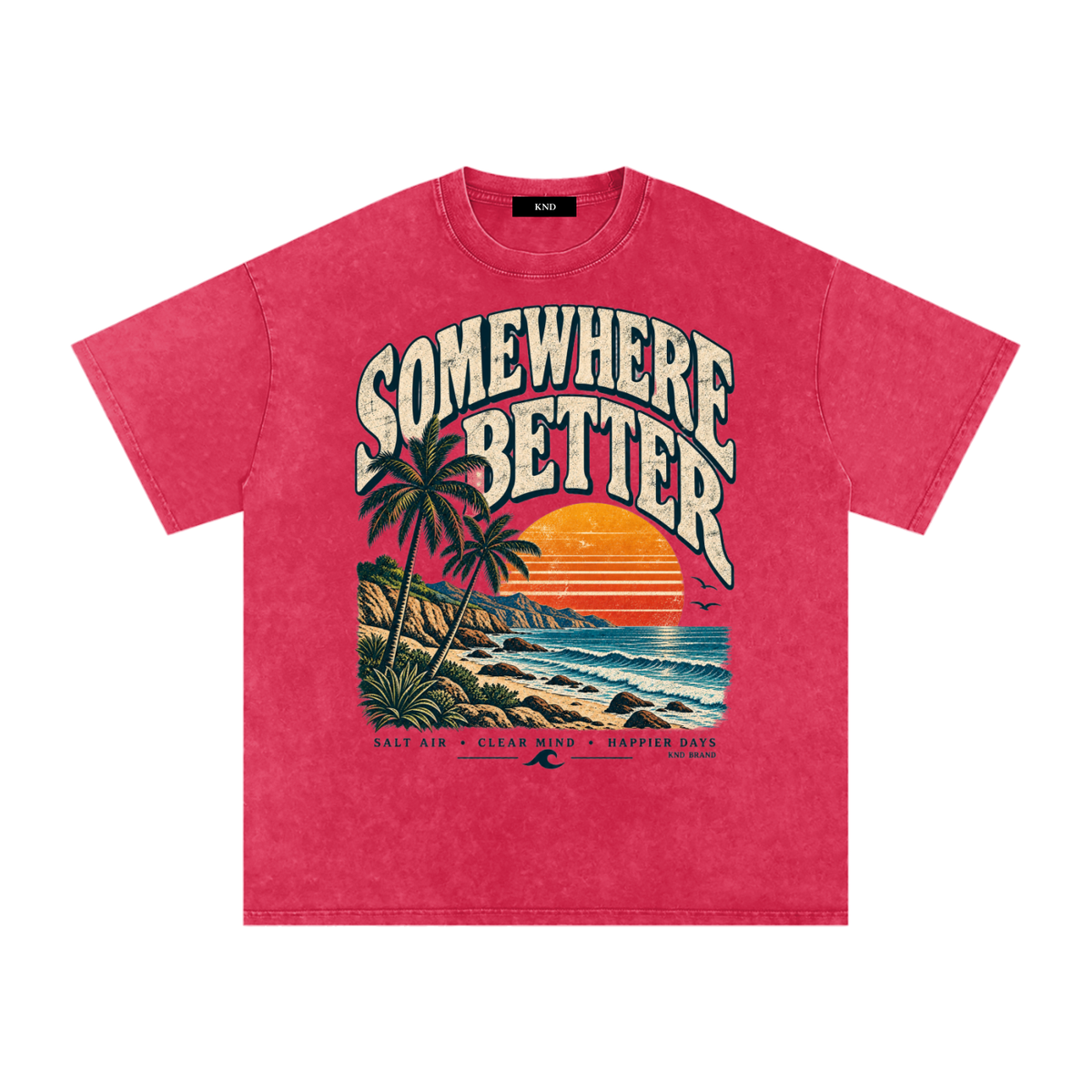 Somewhere Better Washed Tee, Dark Red — front print, palms, striped retro sunset and California surf graphic
