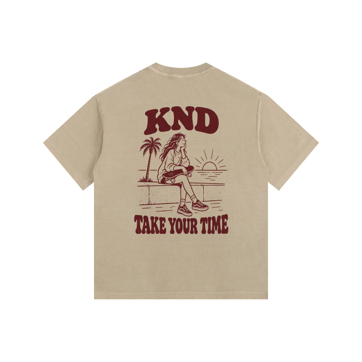 Take Your Time Washed Tee, Khaki — back print, skater girl on a seawall at sunset with a palm, Take Your Time lettering