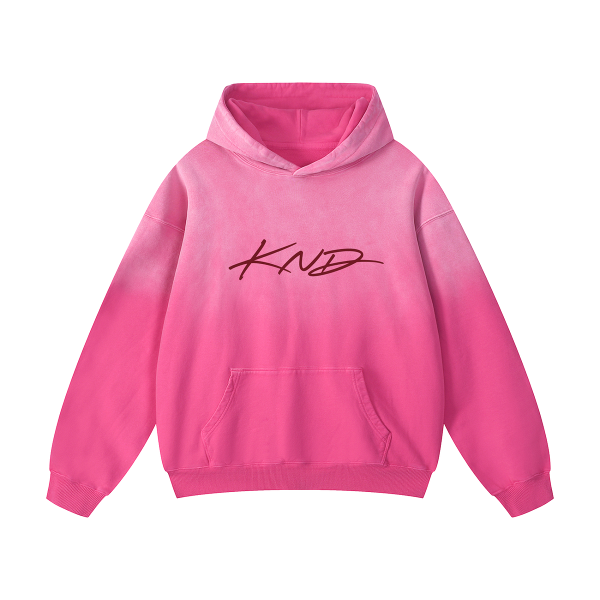 Sunfade Heavyweight Hoodie, Pink — front view with the KND script in deep red across the chest