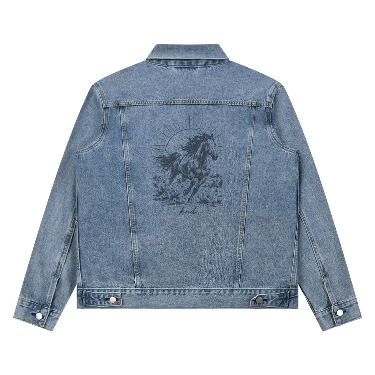 Galloping Horse Denim Jacket, Blue — back view with a large print of a galloping horse running through desert brush under a sunburst