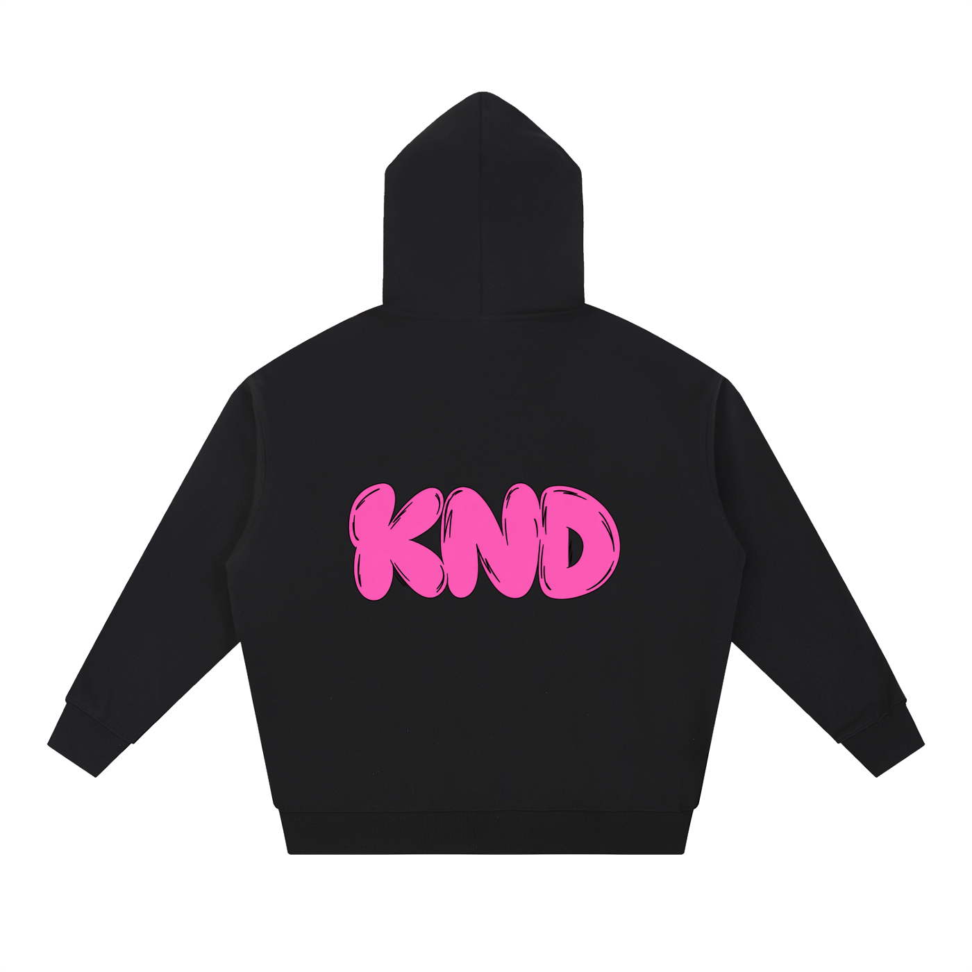 Back of the Sorry Not Sorry hoodie, pink bubble KND wordmark printed across the shoulders