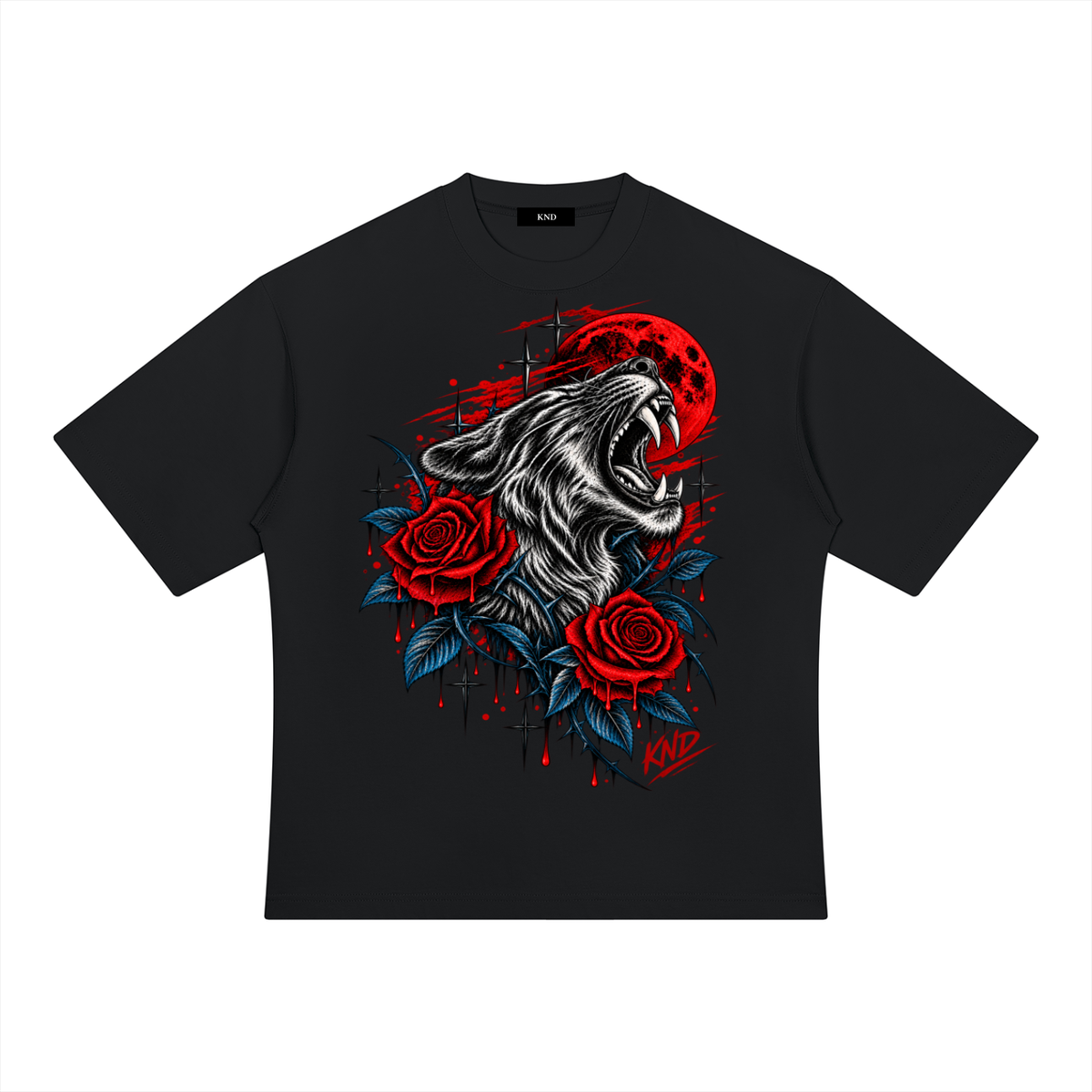 Wolf Moon Heavyweight Tee, Black — front print, roaring wolf beneath a red moon with red roses and thorns