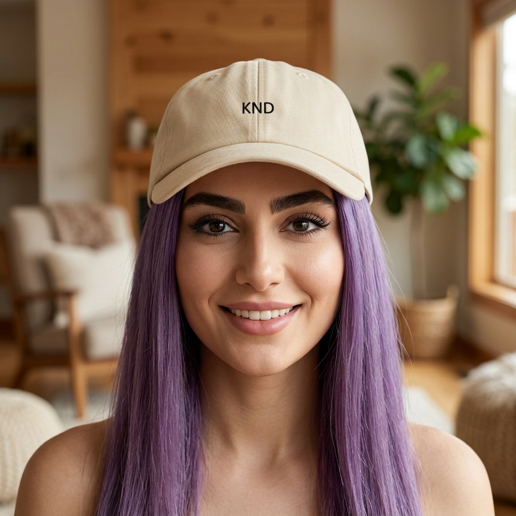 KND Ivory Wordmark Cap — front view, black embroidered wordmark detail