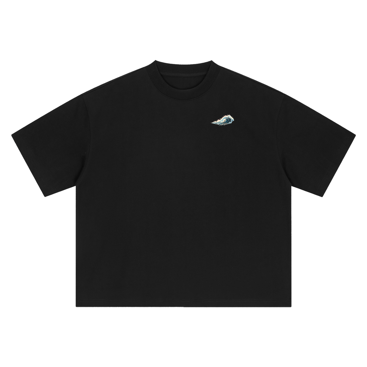 Moonlit Cliffs Tee, Black — front view with the small wave mark on the left chest