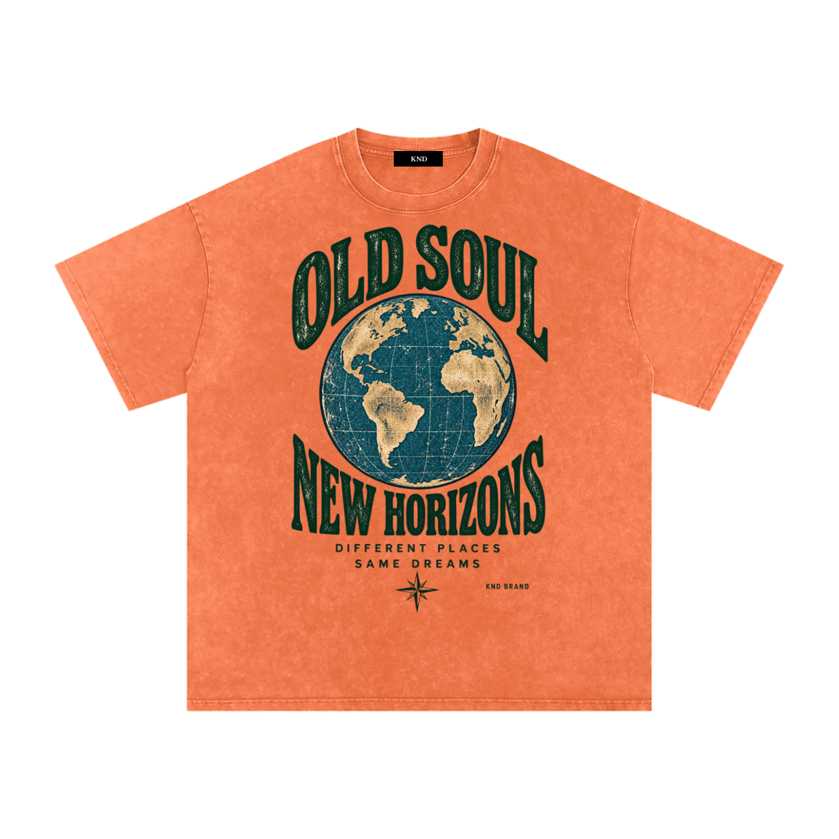 Old Soul New Horizons Washed Tee, Orange — front print, vintage globe and compass rose graphic