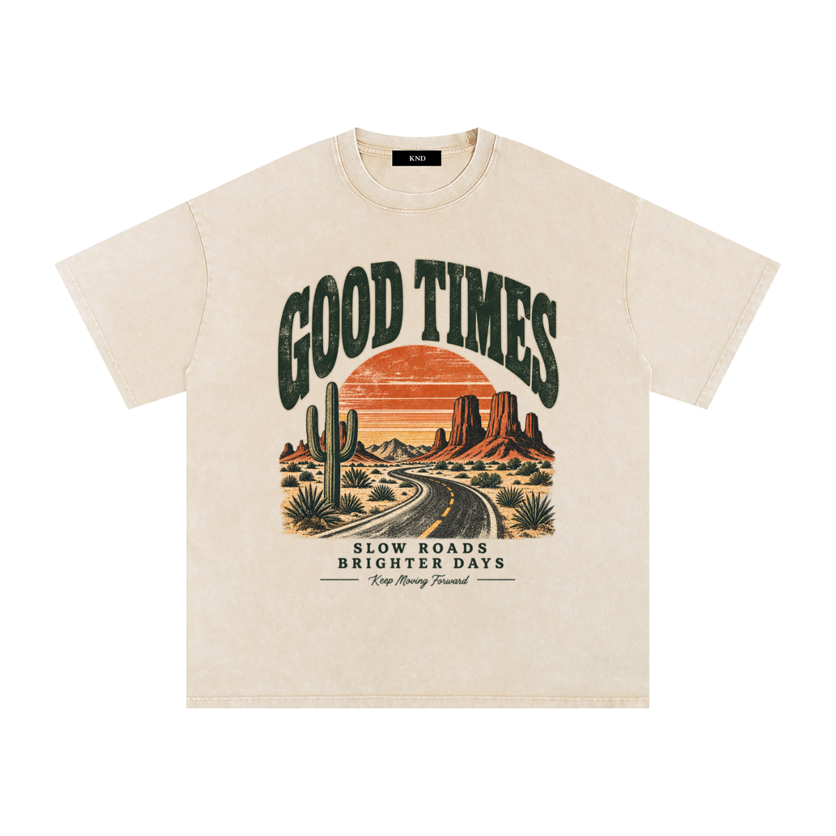 Good Times Washed Tee, Apricot — front print, desert highway, saguaro and mesa sunset graphic