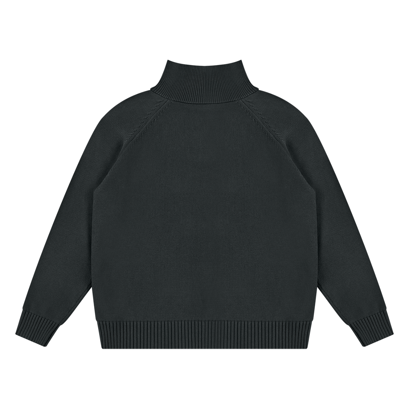 KND Brand quarter-zip sweater in dark gray, back view showing raglan seams and ribbed hem