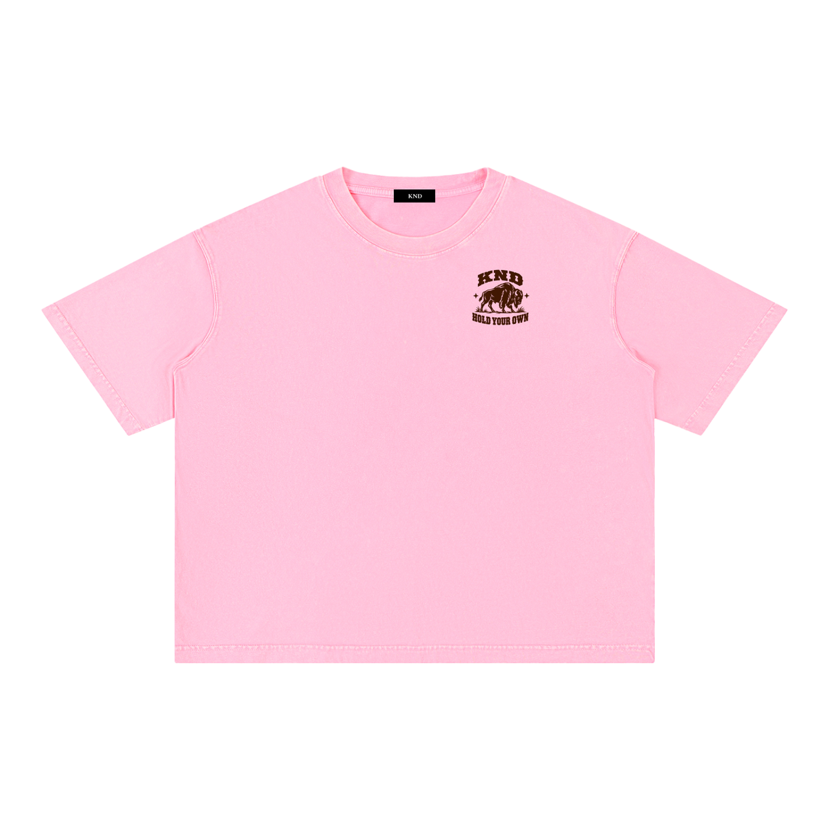 Hold Your Own Washed Tee, Rose Pink — front view with a small graphic of a bison walking through prairie grass between two small stars on the left chest