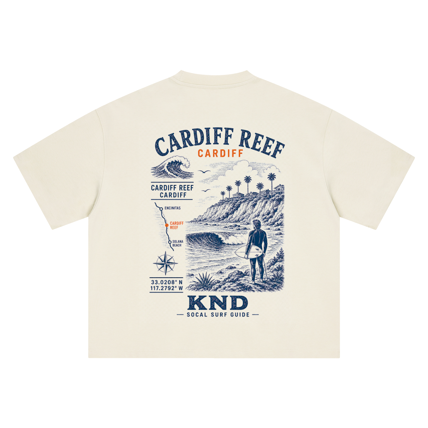 Cardiff Reef Surf Tee, Mild Apricot — back print, vintage engraved Cardiff Reef break with coordinates
