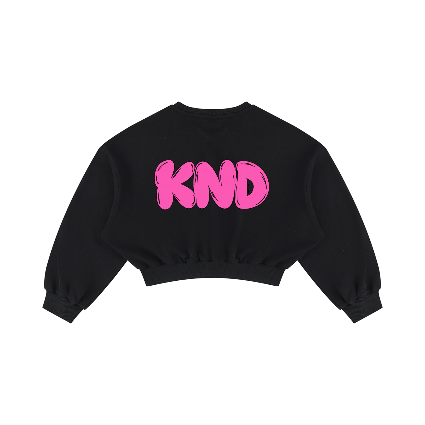 Back of the Fuck You cropped crewneck, pink bubble KND wordmark printed across the shoulders