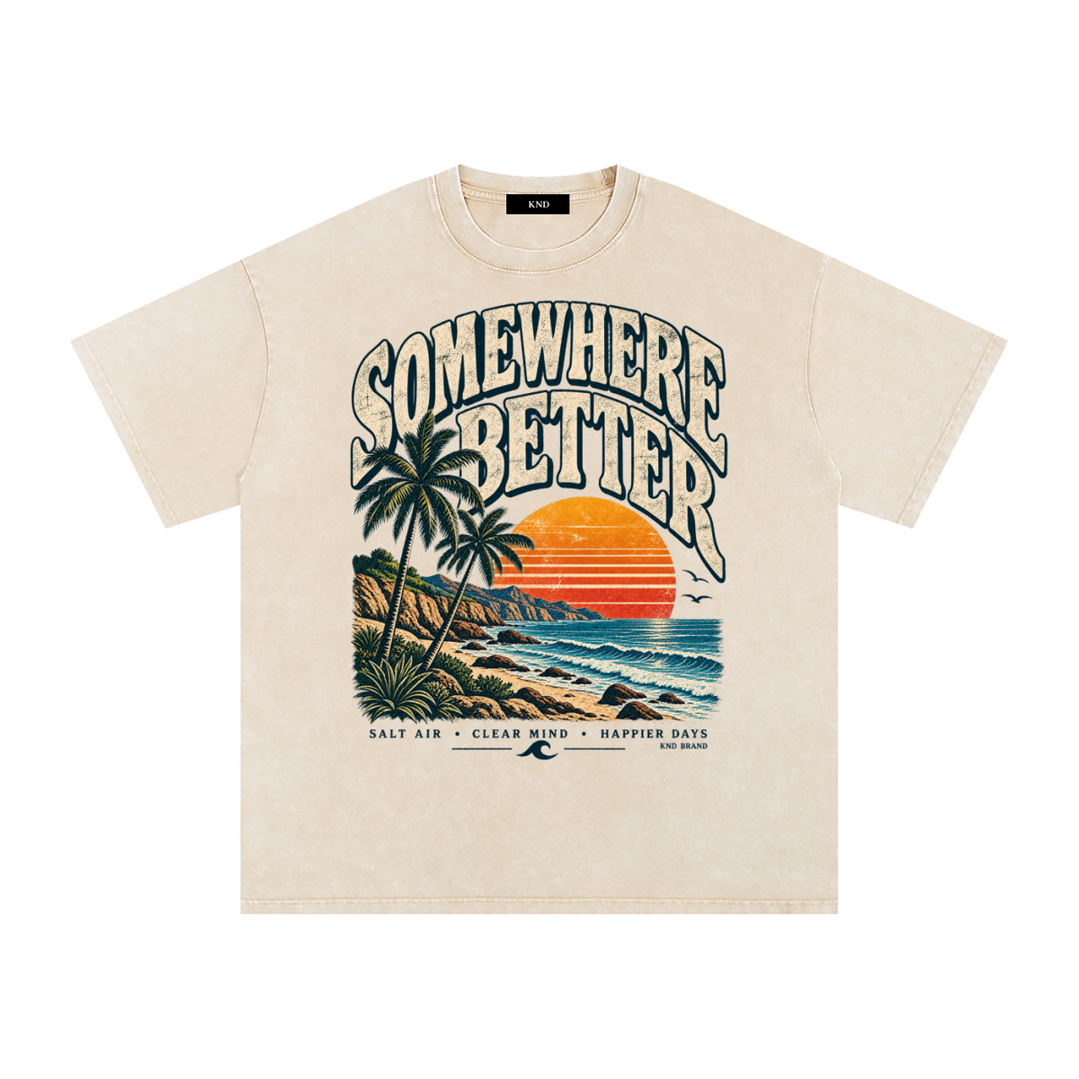 Somewhere Better Washed Tee, Apricot — front print, palms, striped retro sunset and California surf graphic