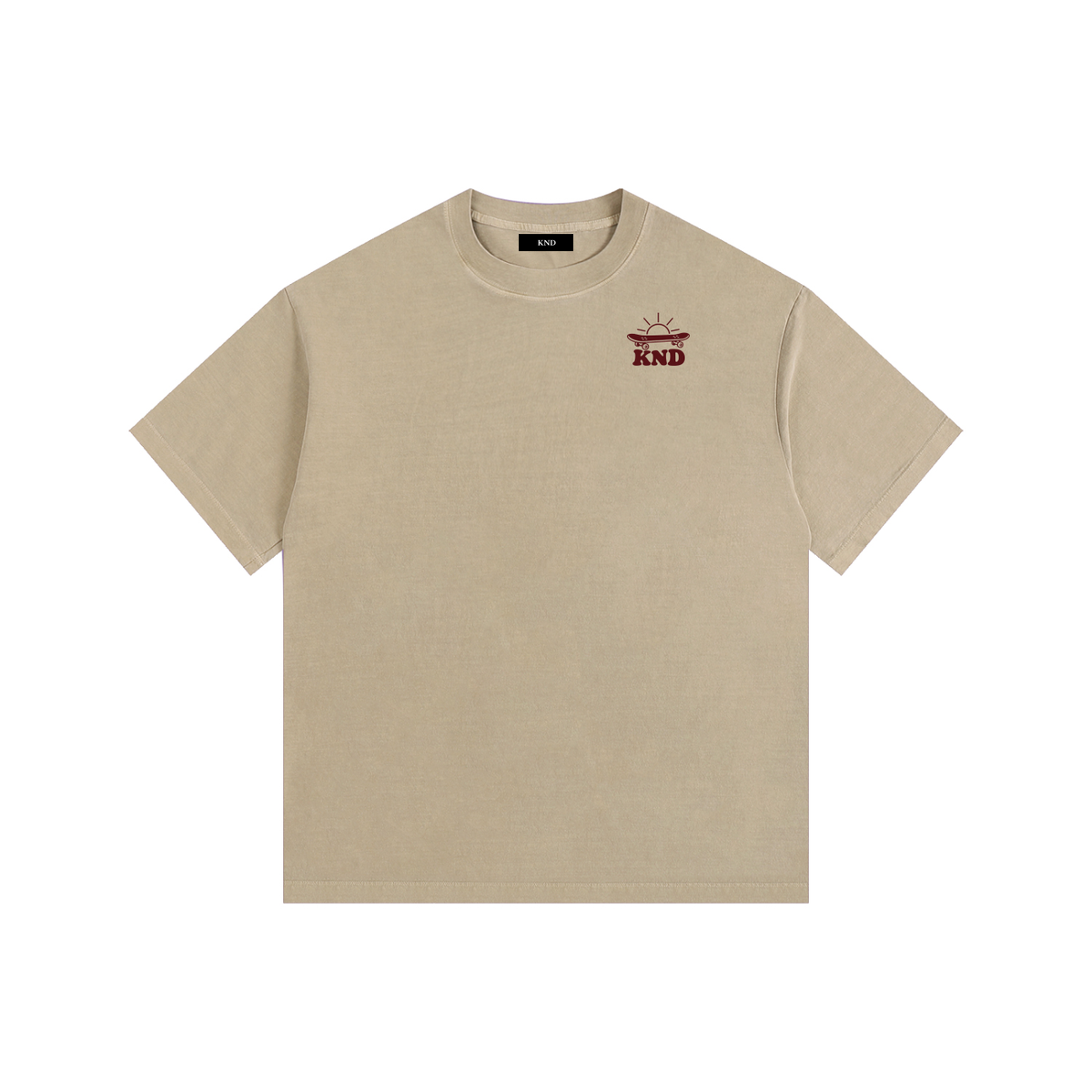 Take Your Time Washed Tee, Khaki — front view with the small KND sun-and-board mark on the left chest