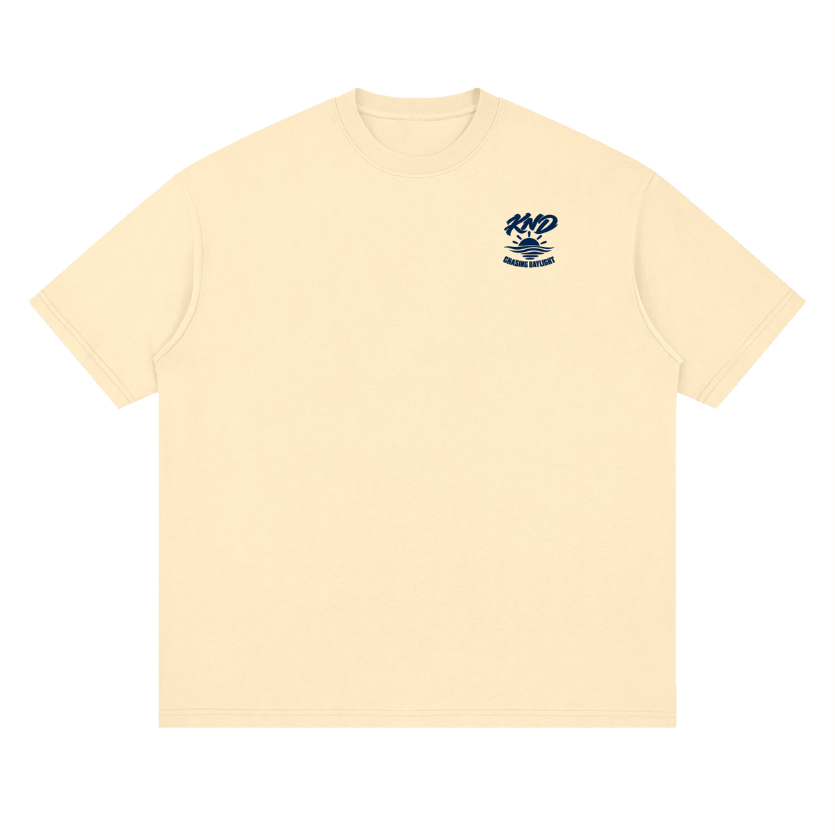 Chasing Daylight Tee, Light Apricot — front view with a small graphic of a half sun rising over stacked wave lines on the left chest