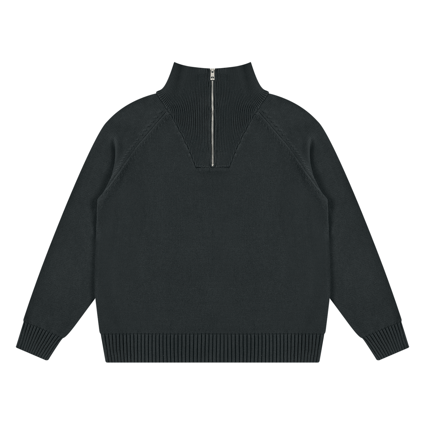 KND Brand quarter-zip sweater in black, back view showing raglan seams and ribbed hem
