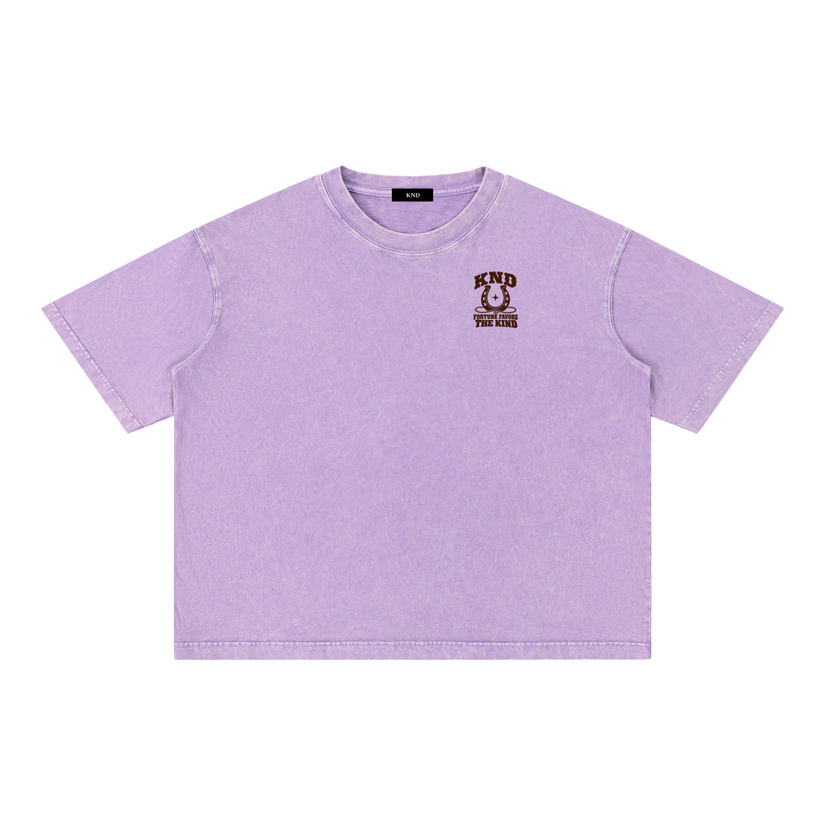 Fortune Favors the Kind Washed Tee, Purple — front view with a small graphic of a horseshoe wrapped in rope around a four-point star on the left chest