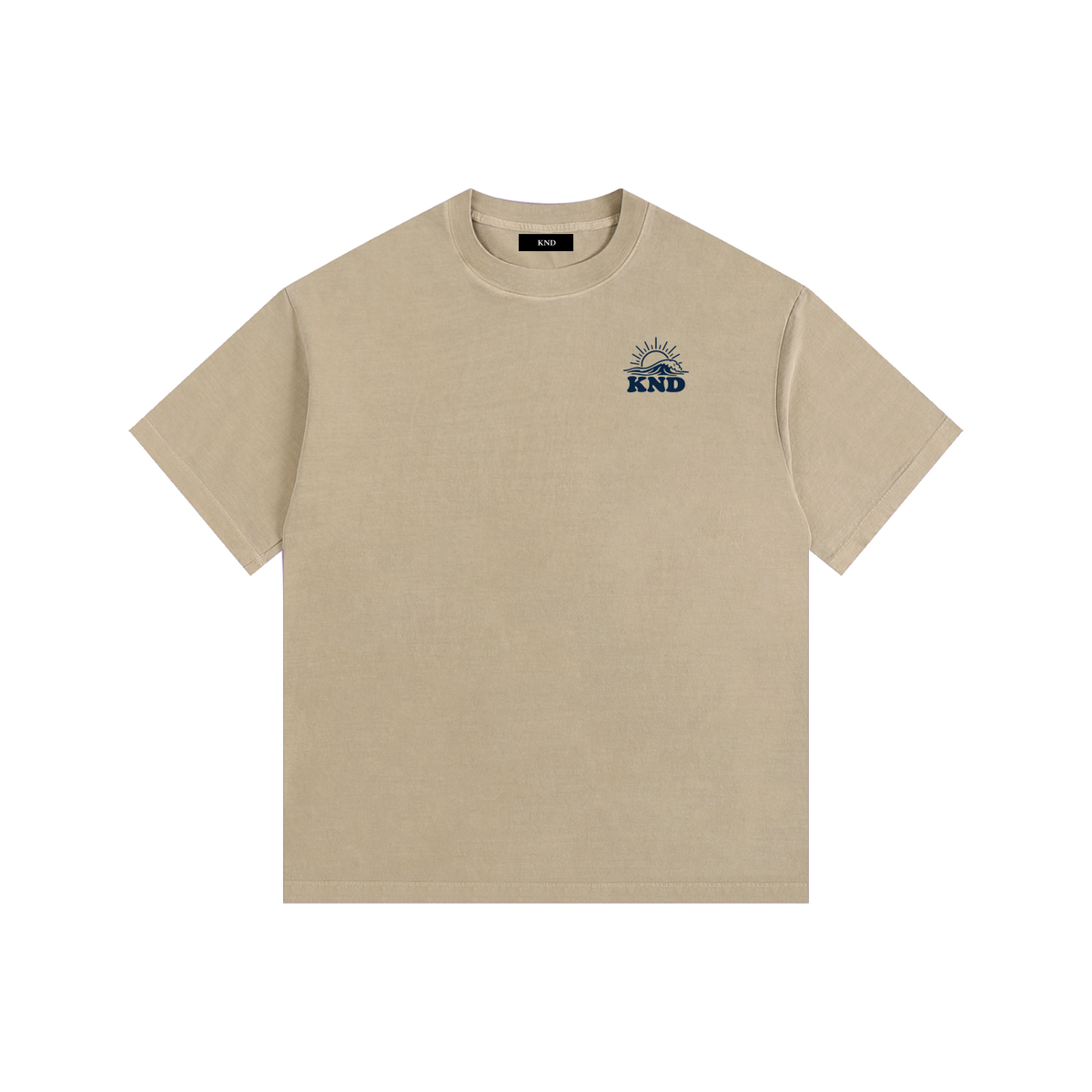 Daybreak Washed Tee, Khaki — front view with the small KND sunrise mark on the left chest