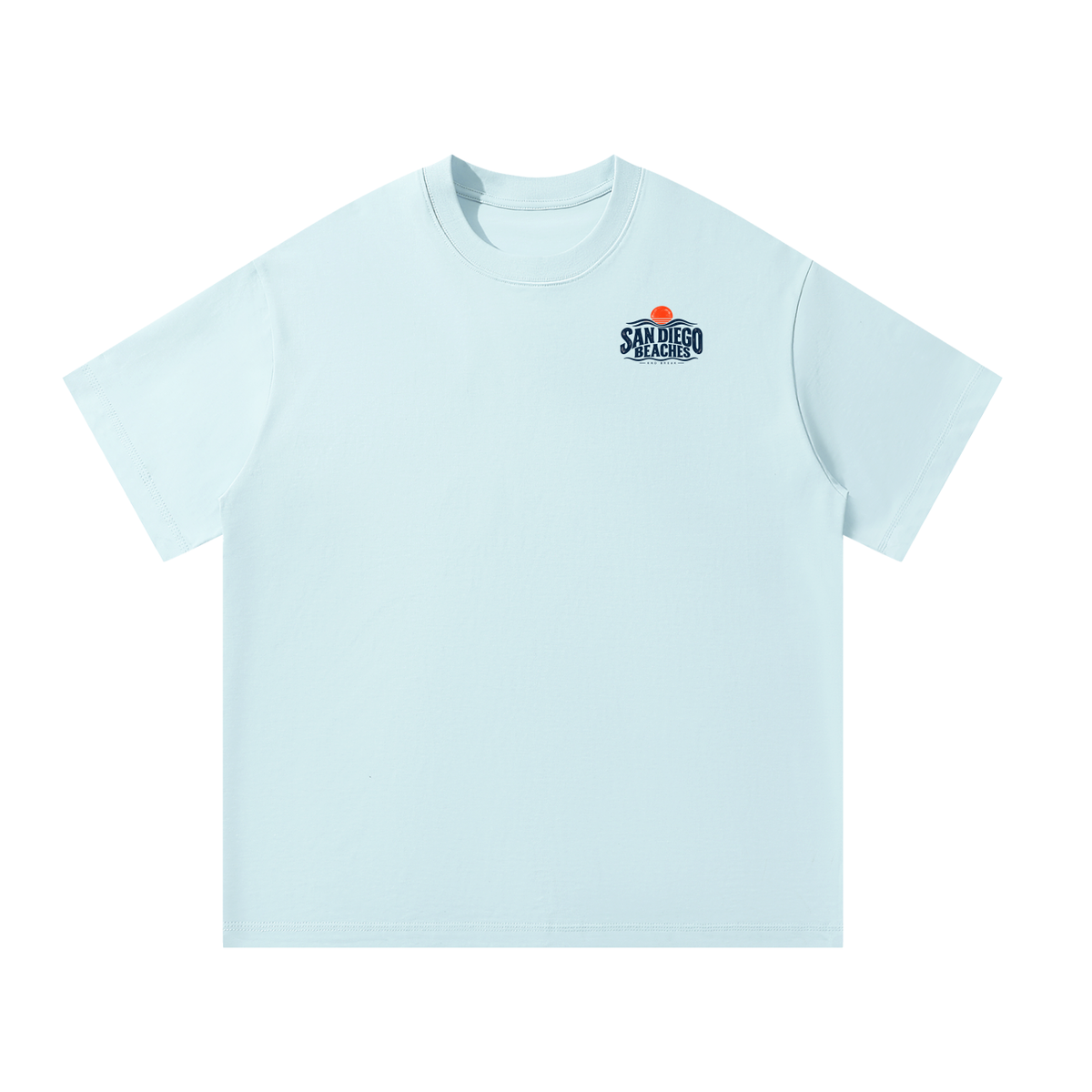San Diego Beaches Tee, Sky Blue — front view with the small San Diego Beaches badge on the left chest