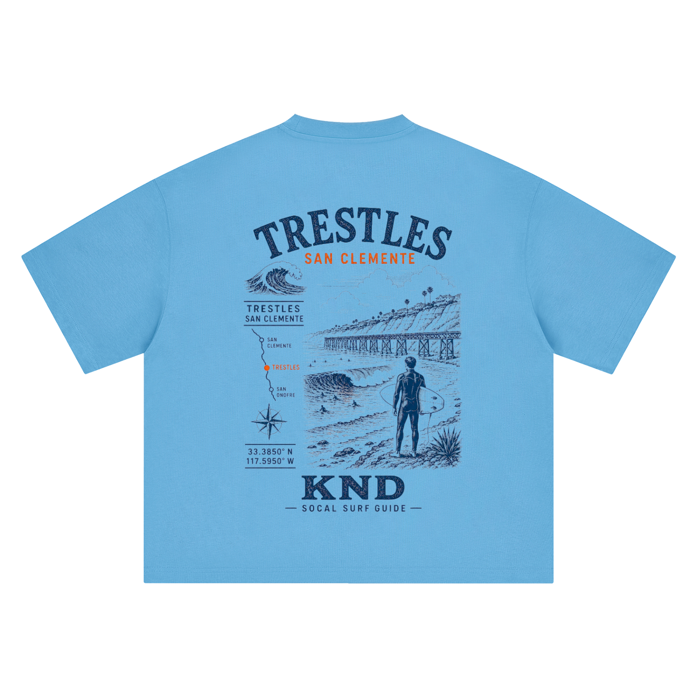 Trestles Surf Tee, Sky Blue — back print, vintage engraved Trestles break at San Clemente with coordinates