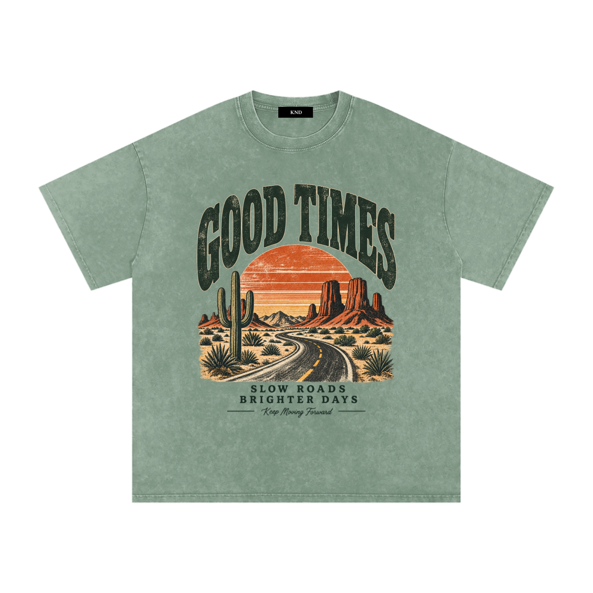 Good Times Washed Tee, Bean Green — front print, desert highway, saguaro and mesa sunset graphic