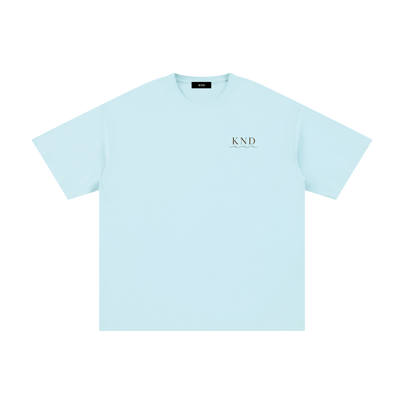 Light blue KND Brand oversized drop shoulder tee, front view with small KND wave logo at left chest