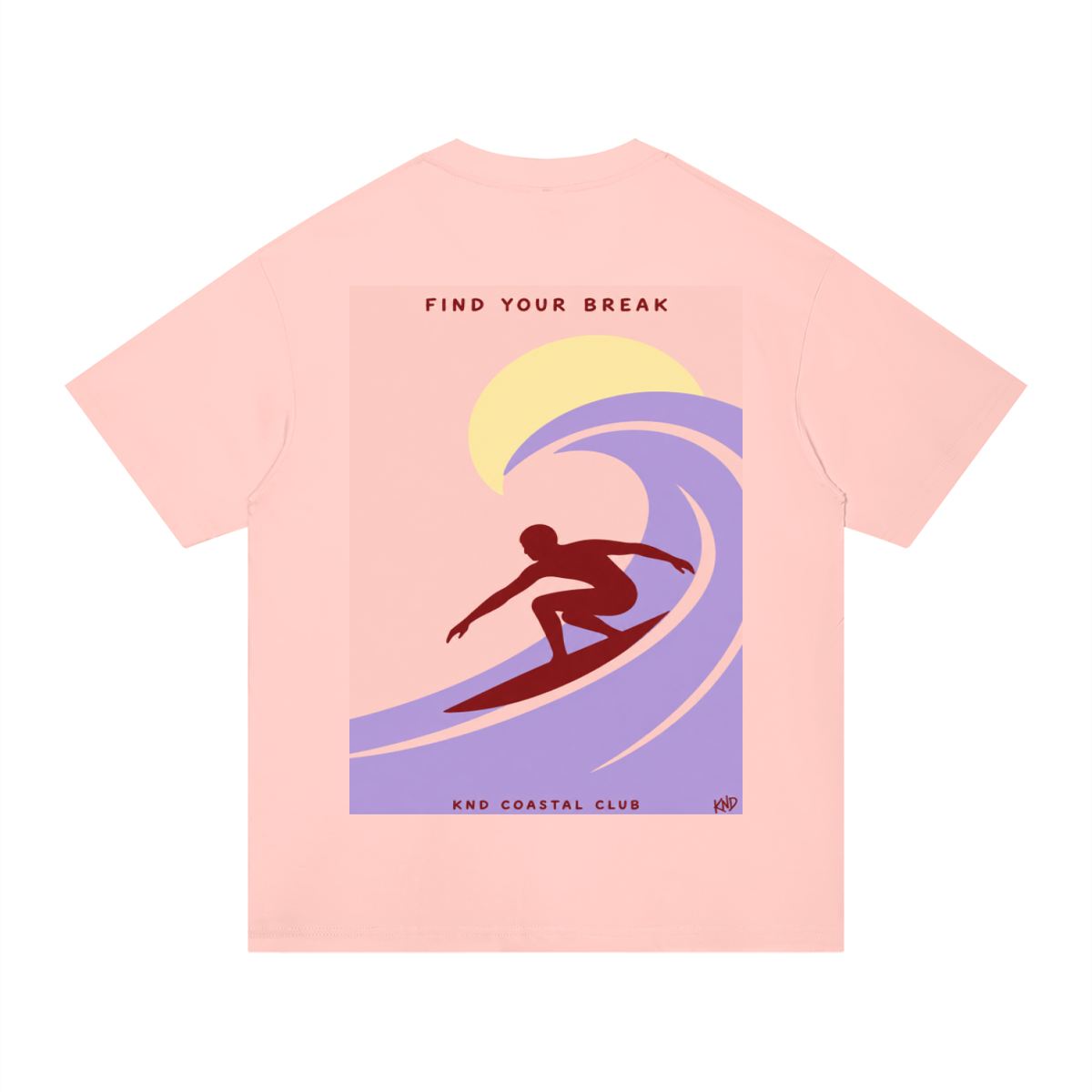 Find Your Break Tee, Light Pink — back print, pastel surf poster with a rider in the curl of a lilac wave and KND Coastal Club lettering