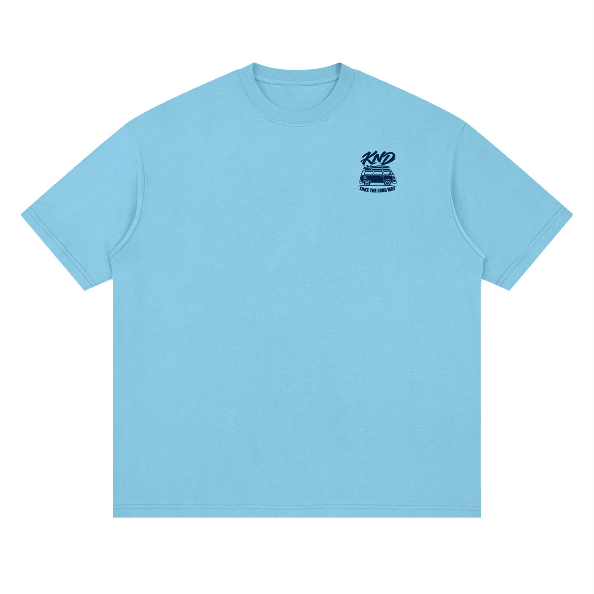 Surf Van Tee, Medium Blue — front view with a small graphic of a camper van with surfboards on its roof rack on the left chest