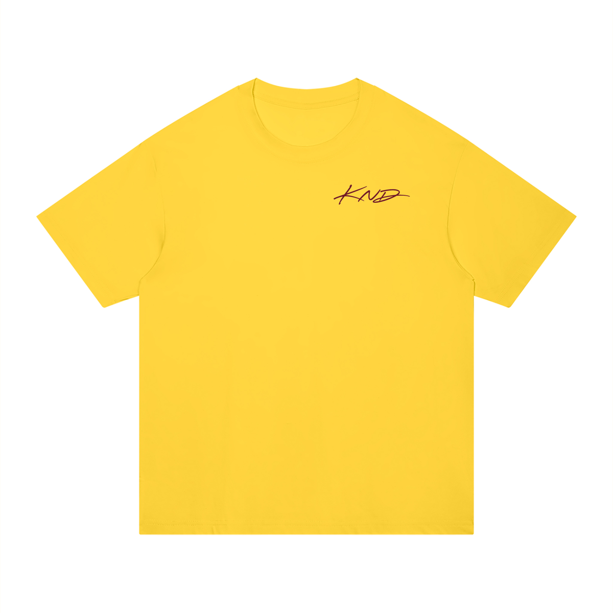 Take a Break Tee, Yellow — front view with the small KND script mark on the left chest