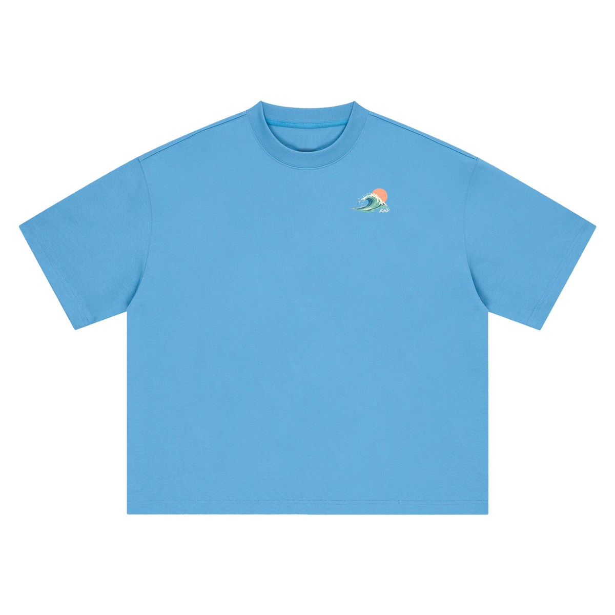 Sunset Curl Tee, Sky Blue — front view with the small wave-and-sun mark on the left chest